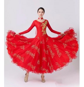 Red Gold embroidered flowers GB dance dresses for women girls Waltz maxi dress Ballroom dancing dresses three-dimensional flowers set with diamonds